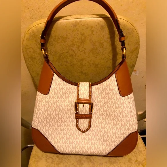 Micheal Kors Cream and Brown Leather Shoulder Bag with Monogram Design - Picture 1 of 1